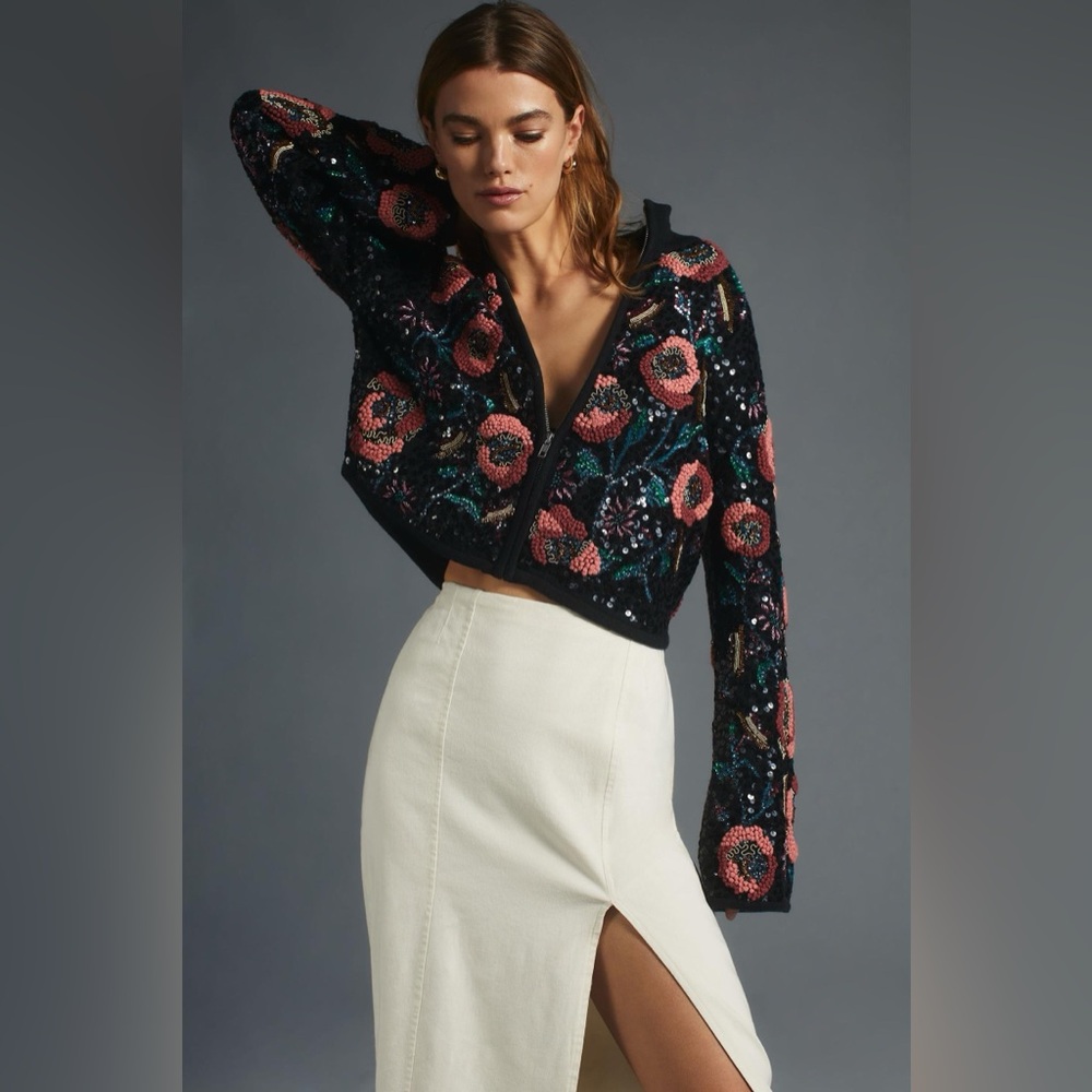 NWT Anthologie Maeve Floral Embroidered Sequin Sweater Jacket